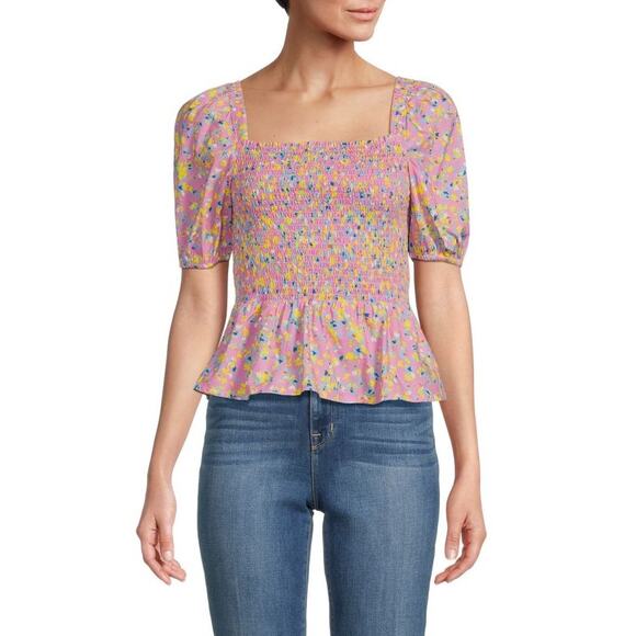 French Connection Stacie Daisy Print Smocked Peplum Top Moonlite Pink - Picture 1 of 8